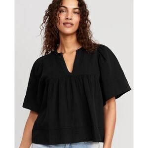 Old Navy Boho Prairie‎ Black Cotton Textured Relaxed Fit Blouse XS Short Sleeve